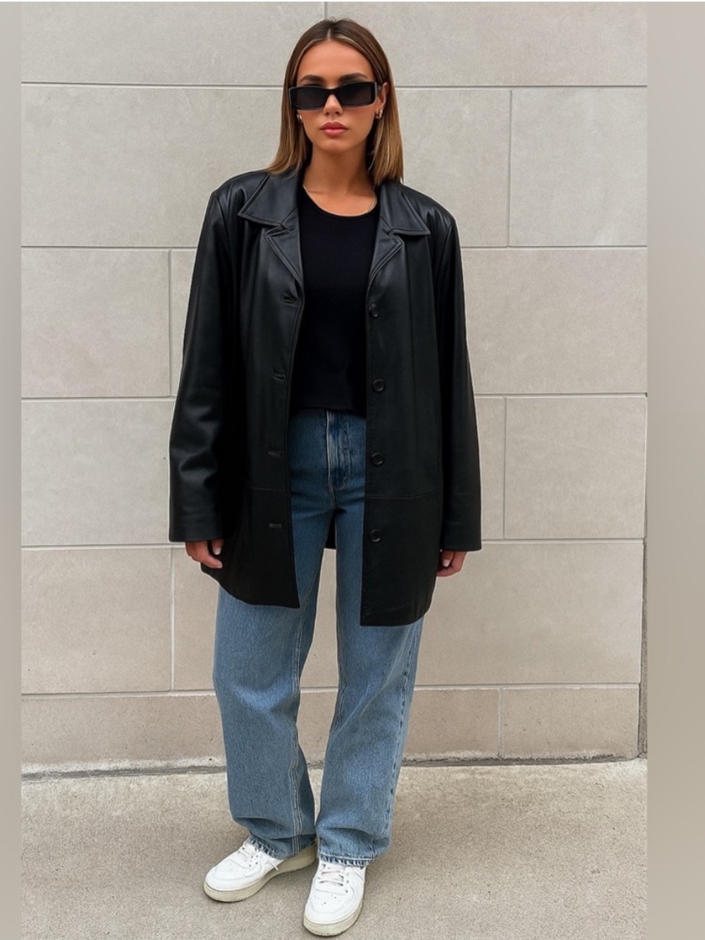Danier Leather black button down oversized Shacket coat sz Large boyfriend style